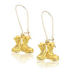 Hard Core Earrings - Antiqued or Shined - 19 mm Stainless Steel, Sterling Silver, 14K Gold or Gold-Plated over Stainless Steel Combat Boots dangling from a Large Kidney Style Ear Wire