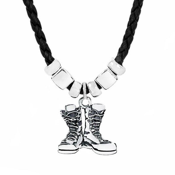 'Ruck-Up' Combat Boots Antique Stainless Steel Pendant Leather Necklace