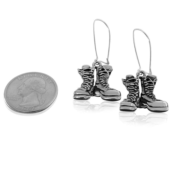 Hard Core Earrings - Antiqued or Shined - 19 mm Stainless Steel, Sterling Silver, 14K Gold or Gold-Plated over Stainless Steel Combat Boots dangling from a Large Kidney Style Ear Wire
