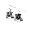 First Light Earrings -  Antiqued or Shined- 15 mm  Stainless Steel, Sterling Silver, 14K Gold  or Gold Plated Stainless Steel,  Combat Boots dangling from a Small Coil Loop Ear Wire